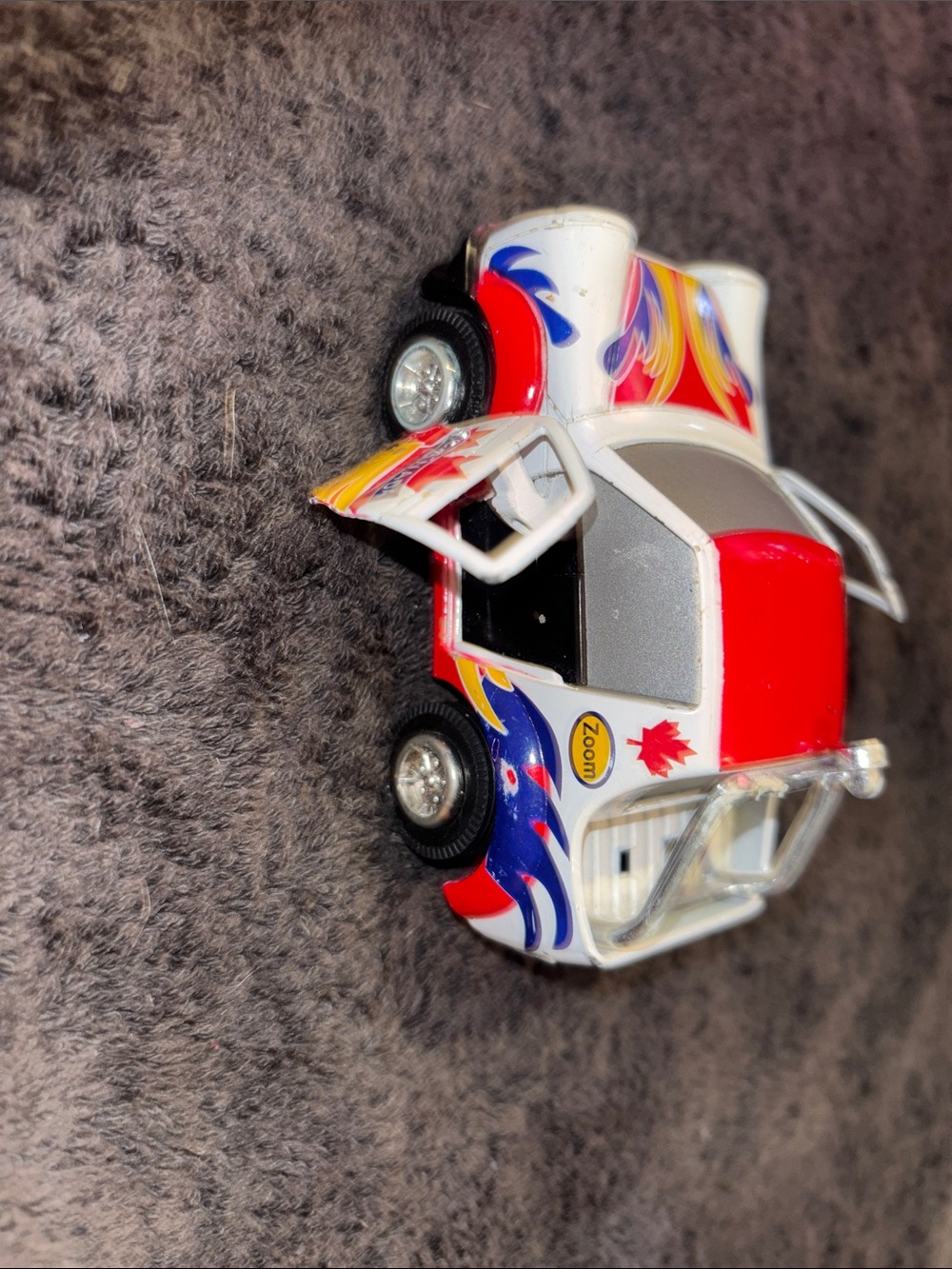 Vintage- Zoom Canada White & Red Kids Toy Car with Blue and Yellow Flame Decals